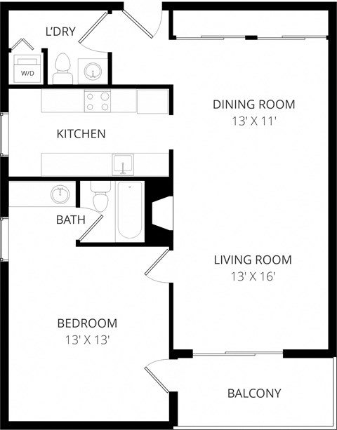 Floor plan for 1 bed, 1.5 baths, 905 sqft